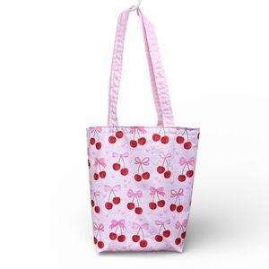 Hand Crafted Tote Bag Cherry Pink Cotton Reusable Grocery Book or Lunch Bag